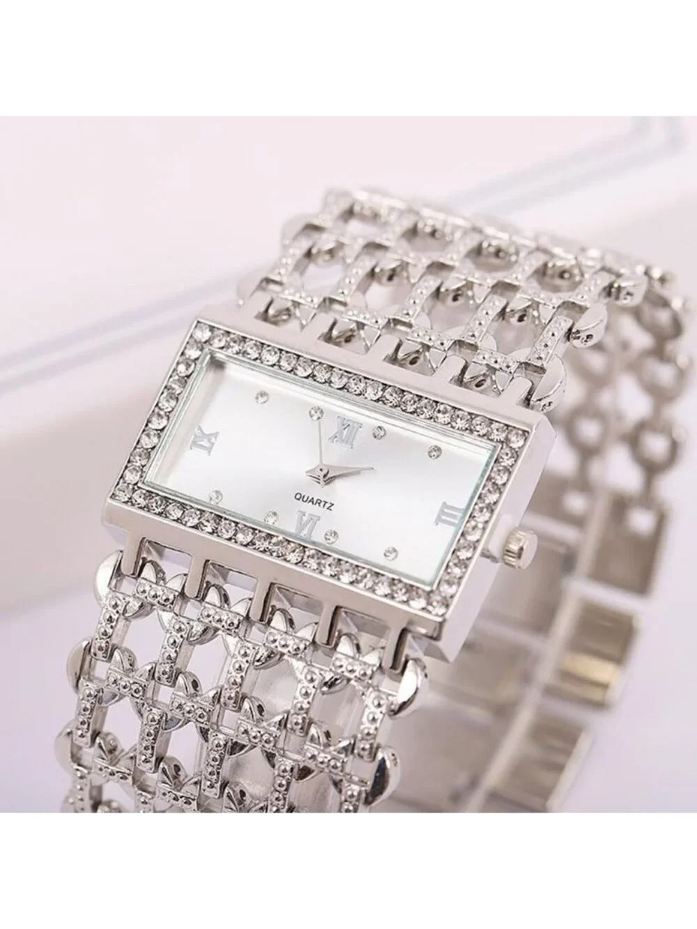 Women's Silver Luxury Rectangular Case Analog Quartz Fashion Dress Wrist Watch